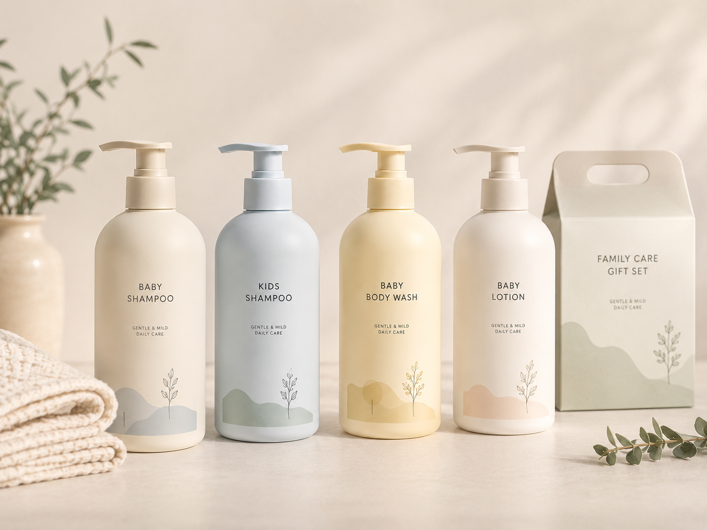 Baby and kids shampoo, body wash, lotion and family-care gift set.