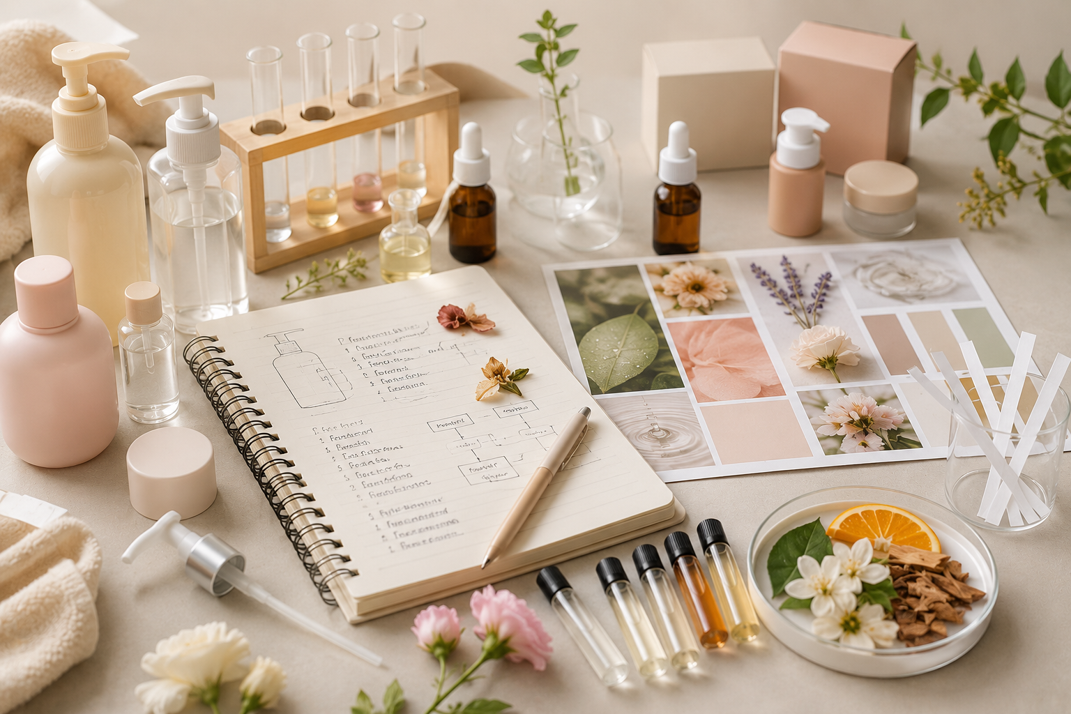 Baby and kids formulation planning with ingredient samples and gentle product references.