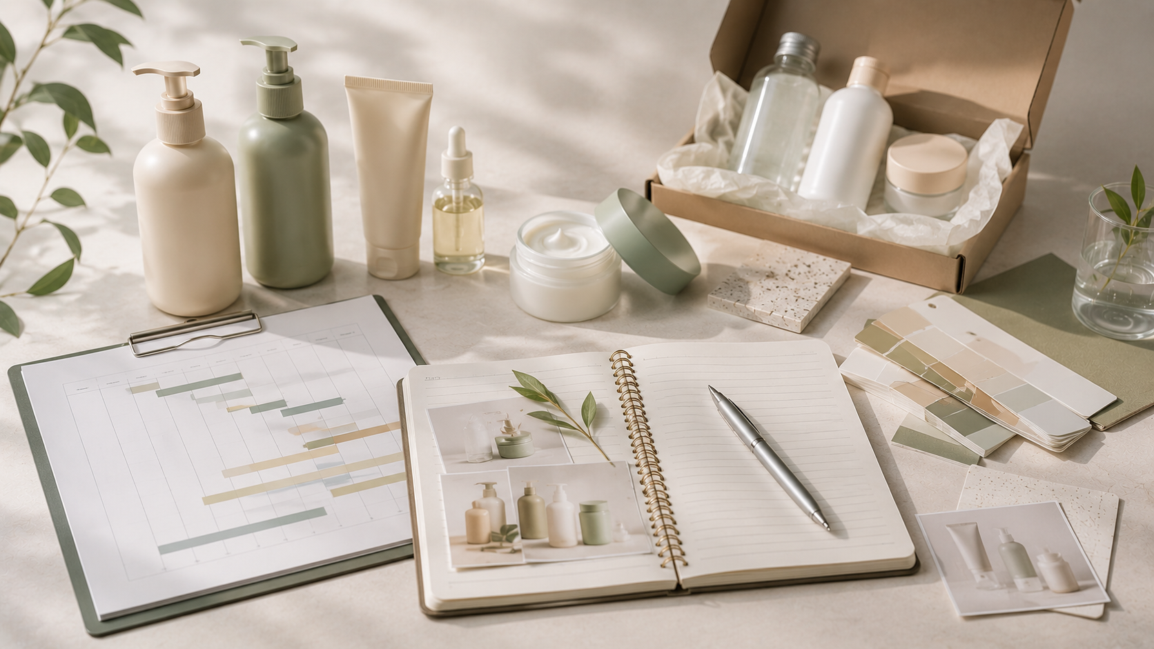 Beauty product launch readiness planning with packaging, schedule and material references.