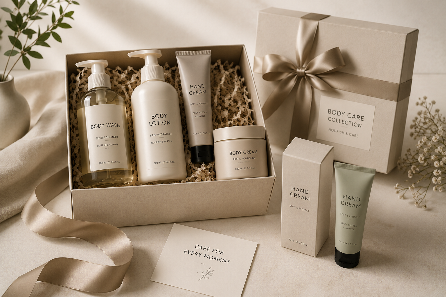 Coordinated body care bottles, jars, cartons and gift set presentation.