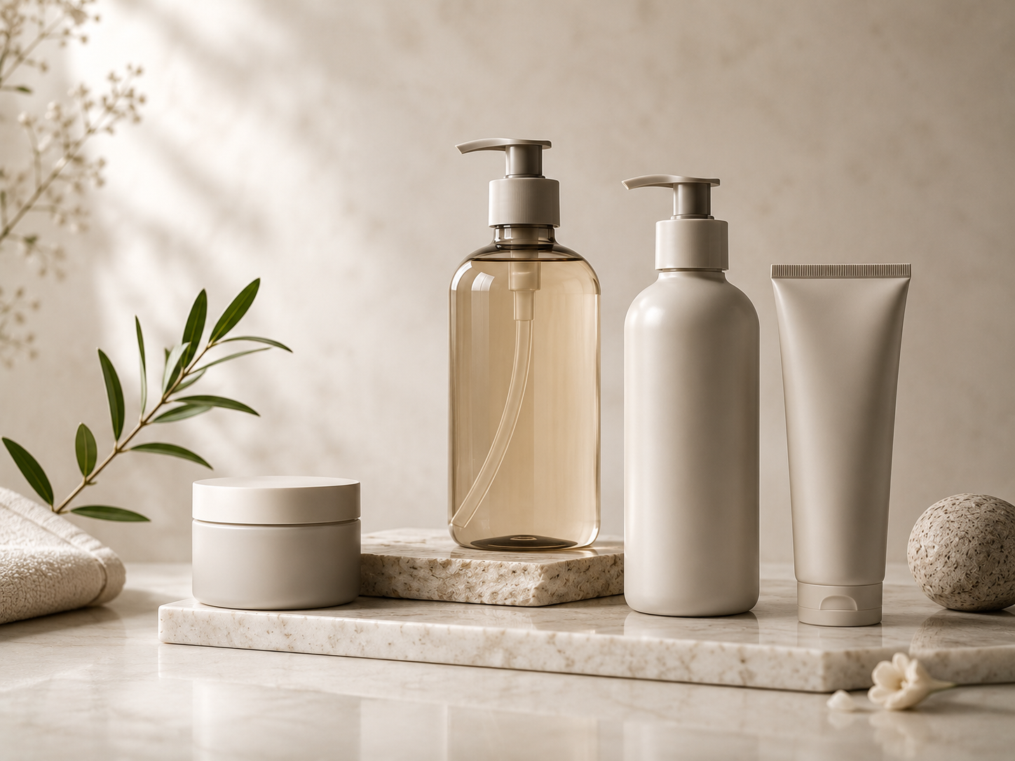 Private label body care bottles and jars in a clean lifestyle product composition.