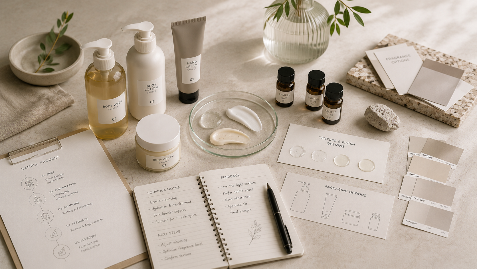 Body care samples, sensory review notes and packaging comparison workflow.