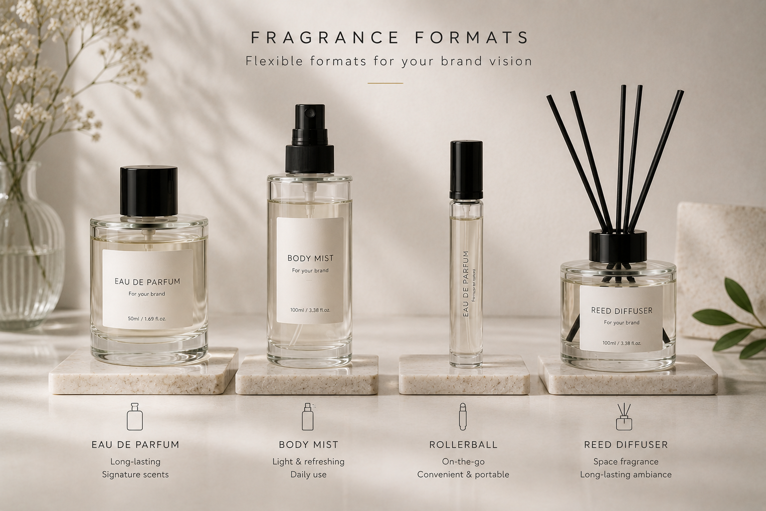 Perfume, body mist, rollerball and home fragrance formats for private label fragrance launches.