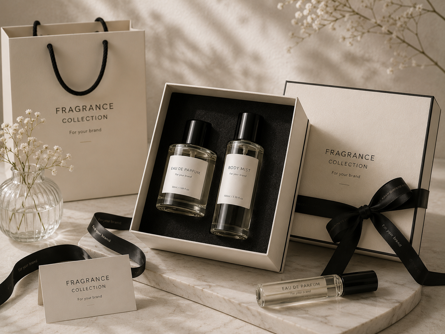 Coordinated perfume and body mist gift set with premium box and retail presentation.
