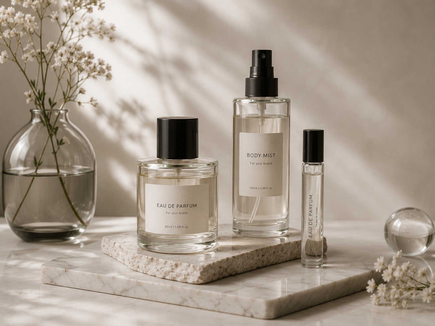 Private label perfume, body mist and travel fragrance bottles in a restrained premium composition.