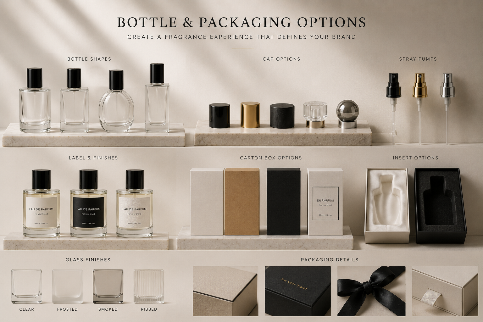 Fragrance bottle shapes, caps, spray pumps, cartons, inserts and finish options.