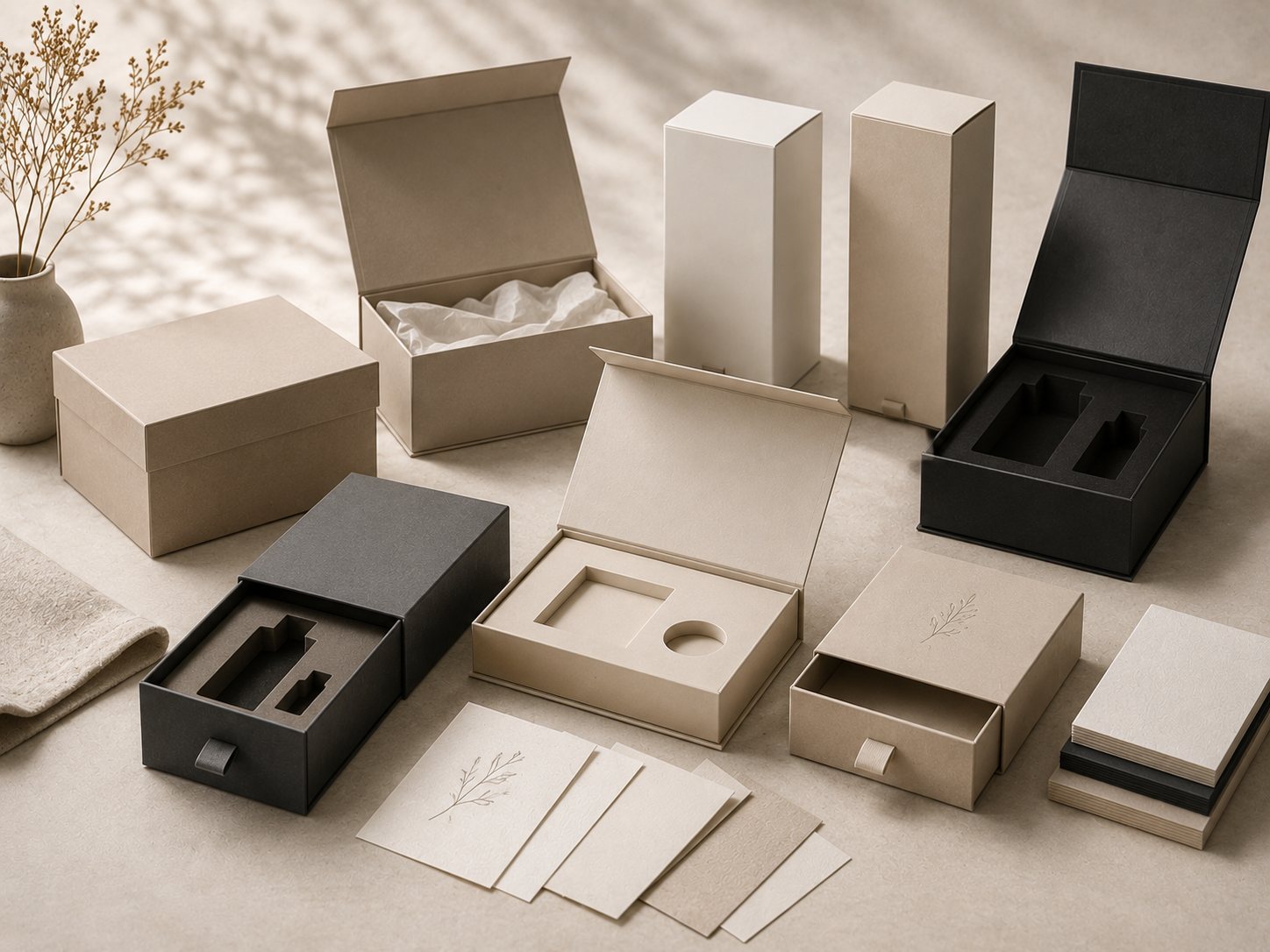 Gift boxes, cards and inserts organized for a considered unboxing experience.
