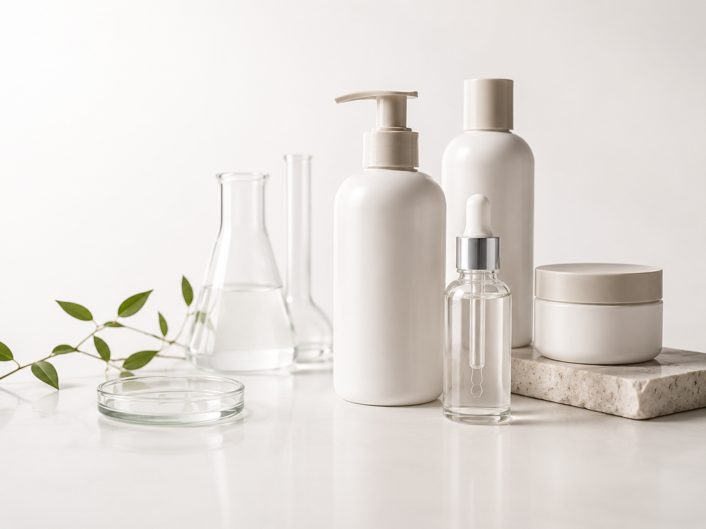 Private label hair care bottles and serum with clean lab-inspired details.