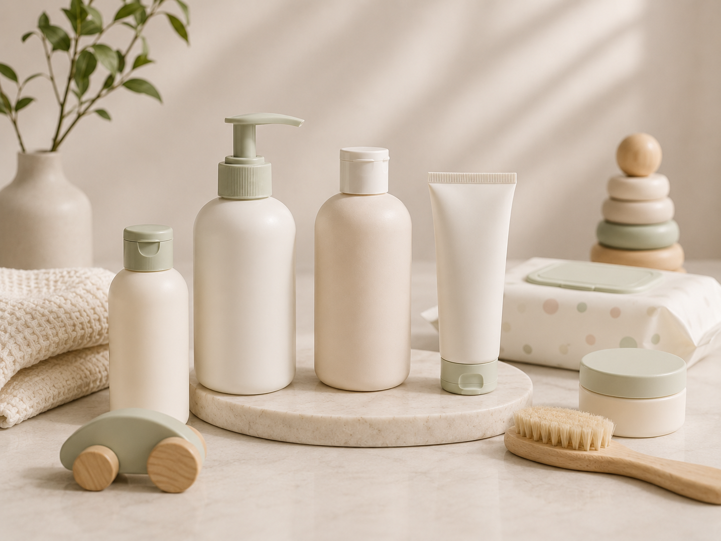 Baby and kids personal care packaging with soft family-care visual direction
