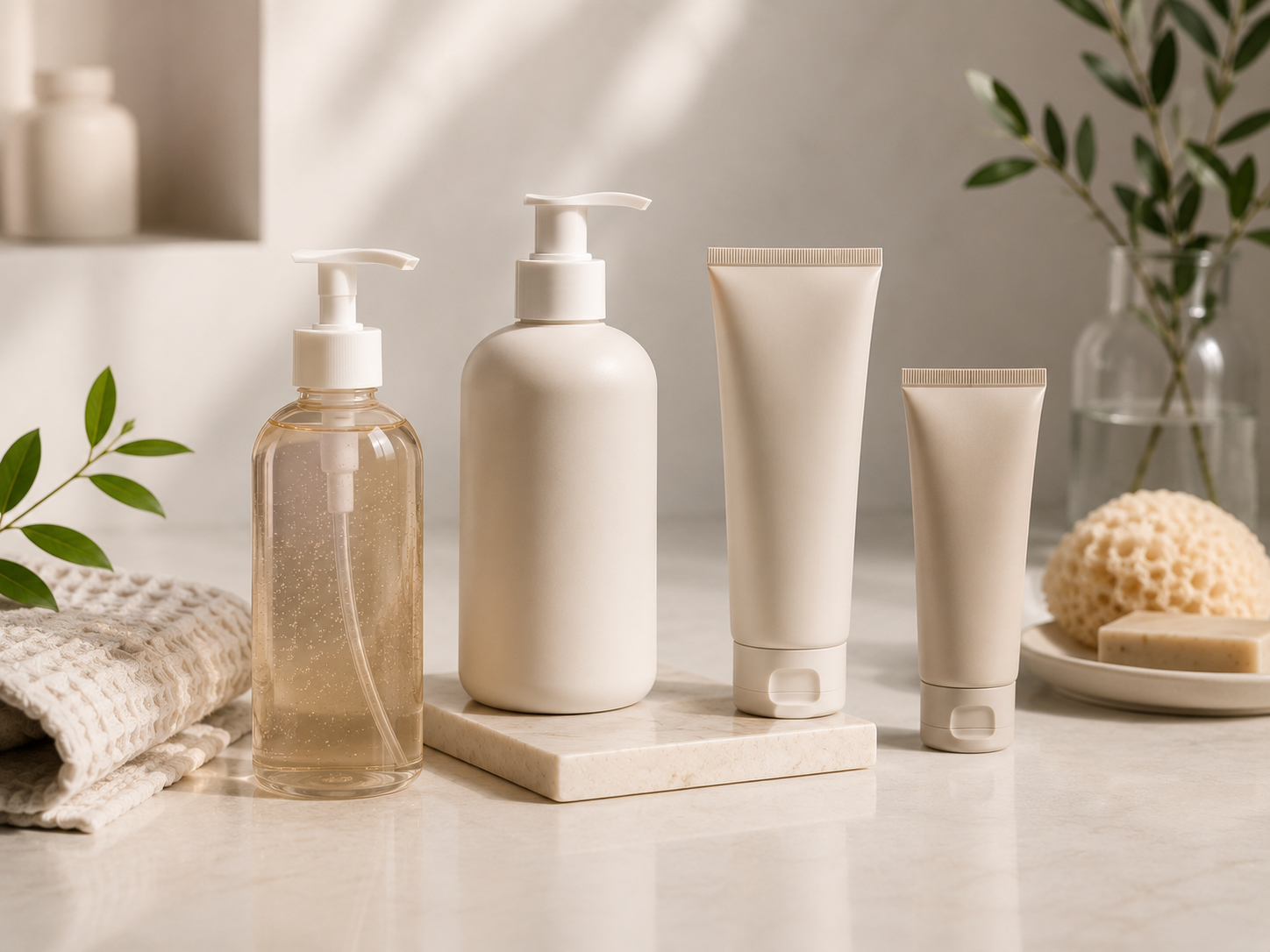 Body wash, lotion and hand care packaging in a clean spa-like product setting
