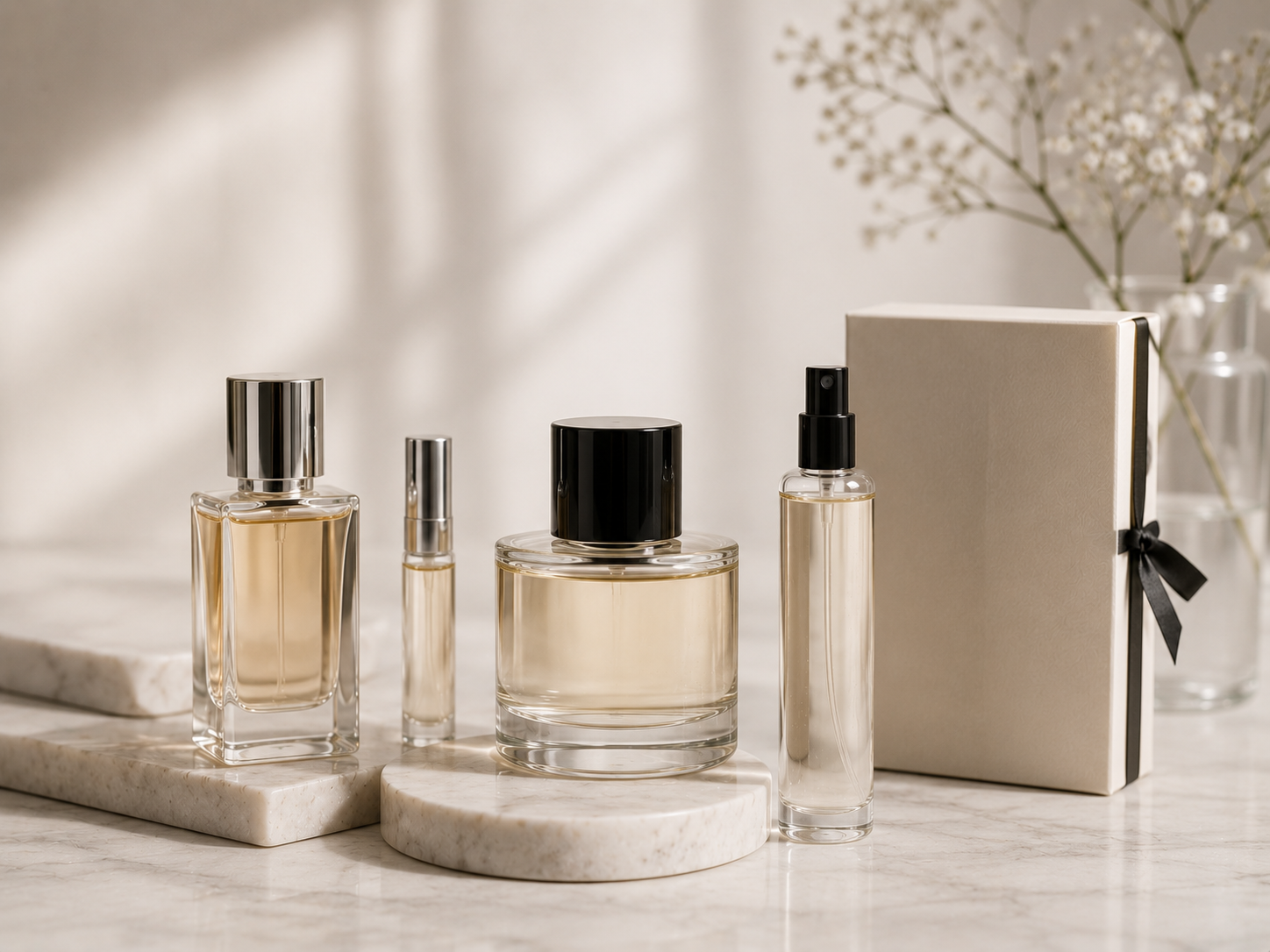 Private label perfume, body mist and fragrance gift packaging in a premium setting