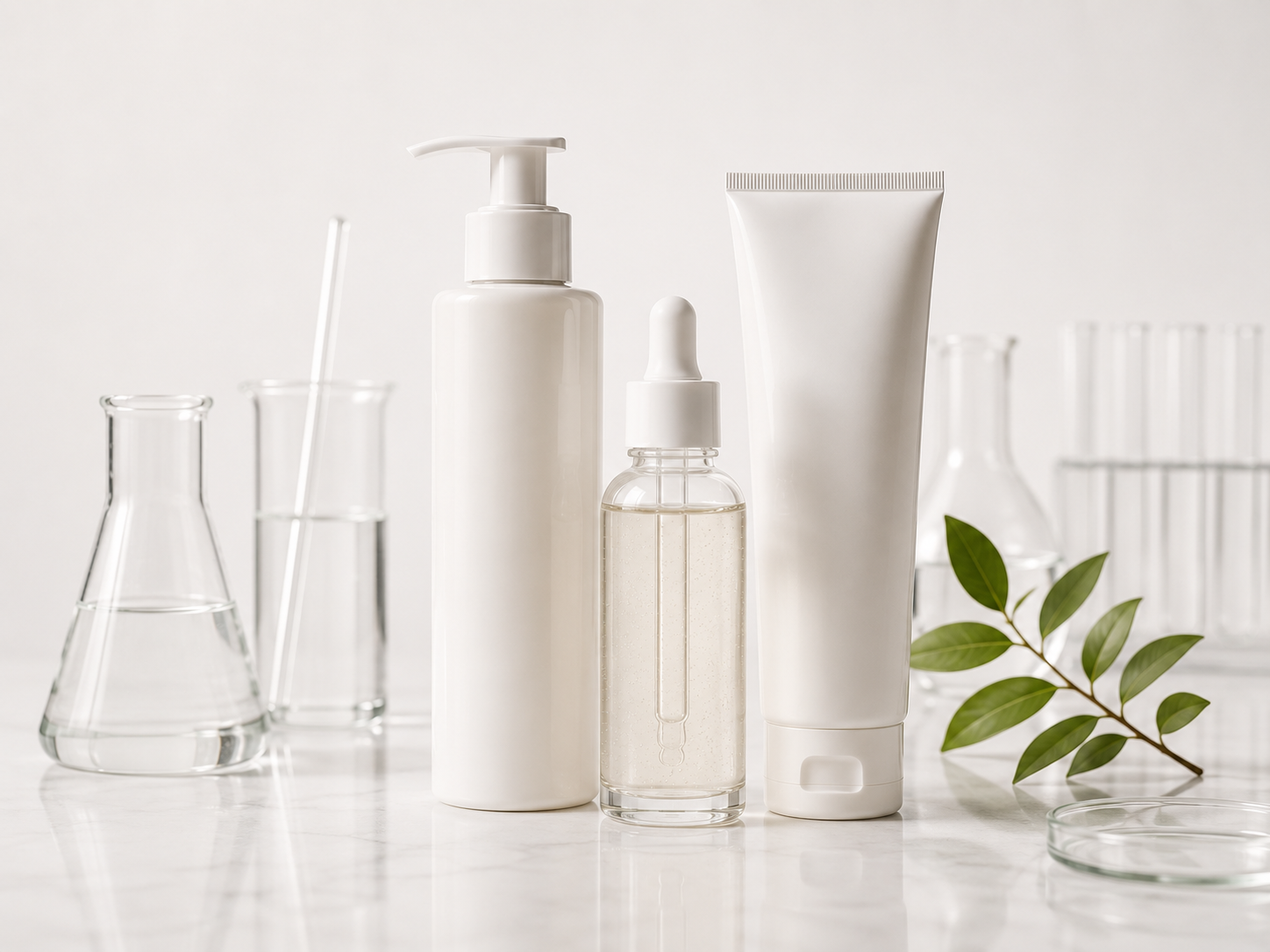 Private label shampoo, hair serum and hair care packaging in a clean lab-inspired setting