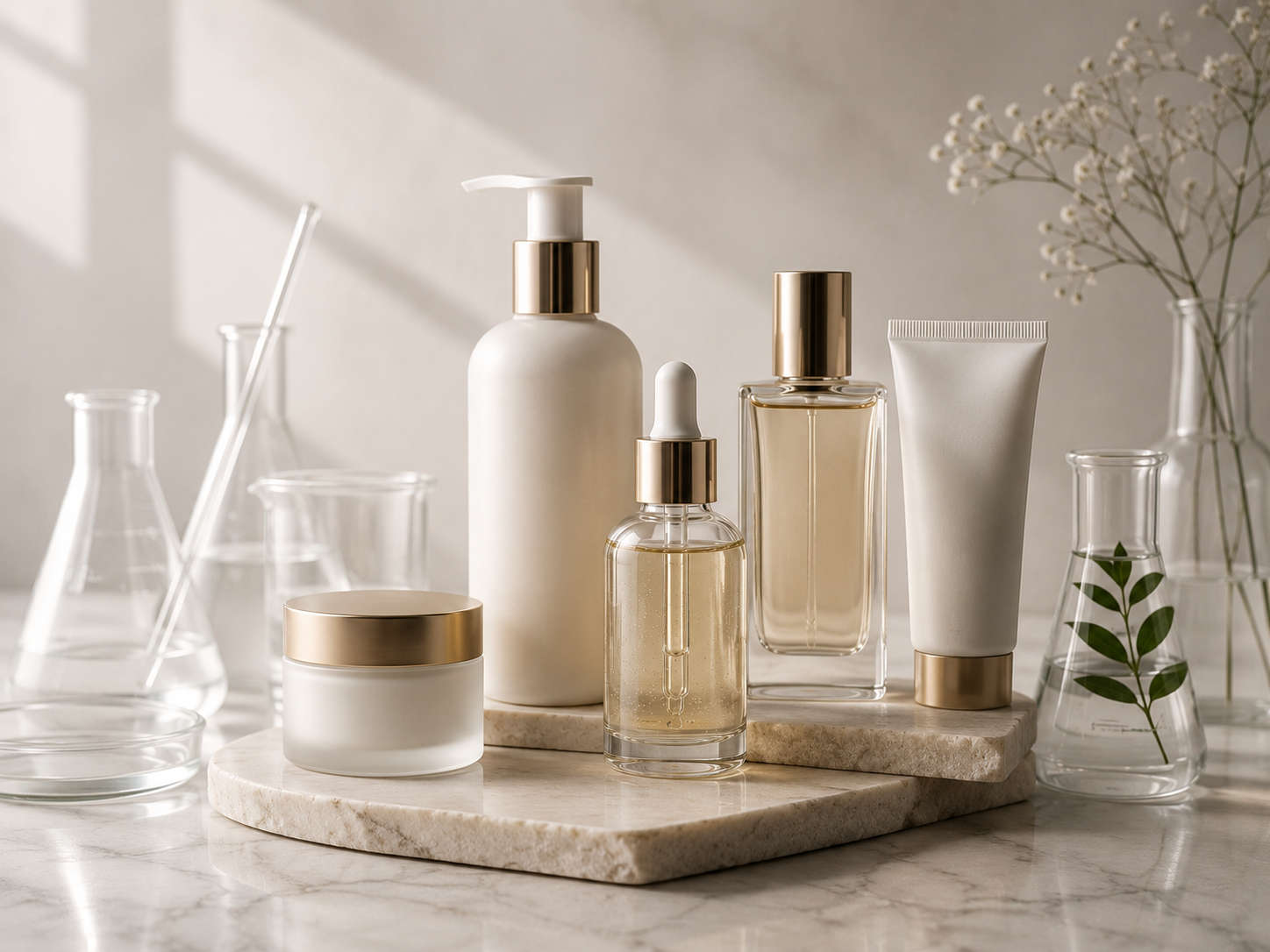 Premium private label beauty packaging composition with bottles, jar, serum and lab-inspired details