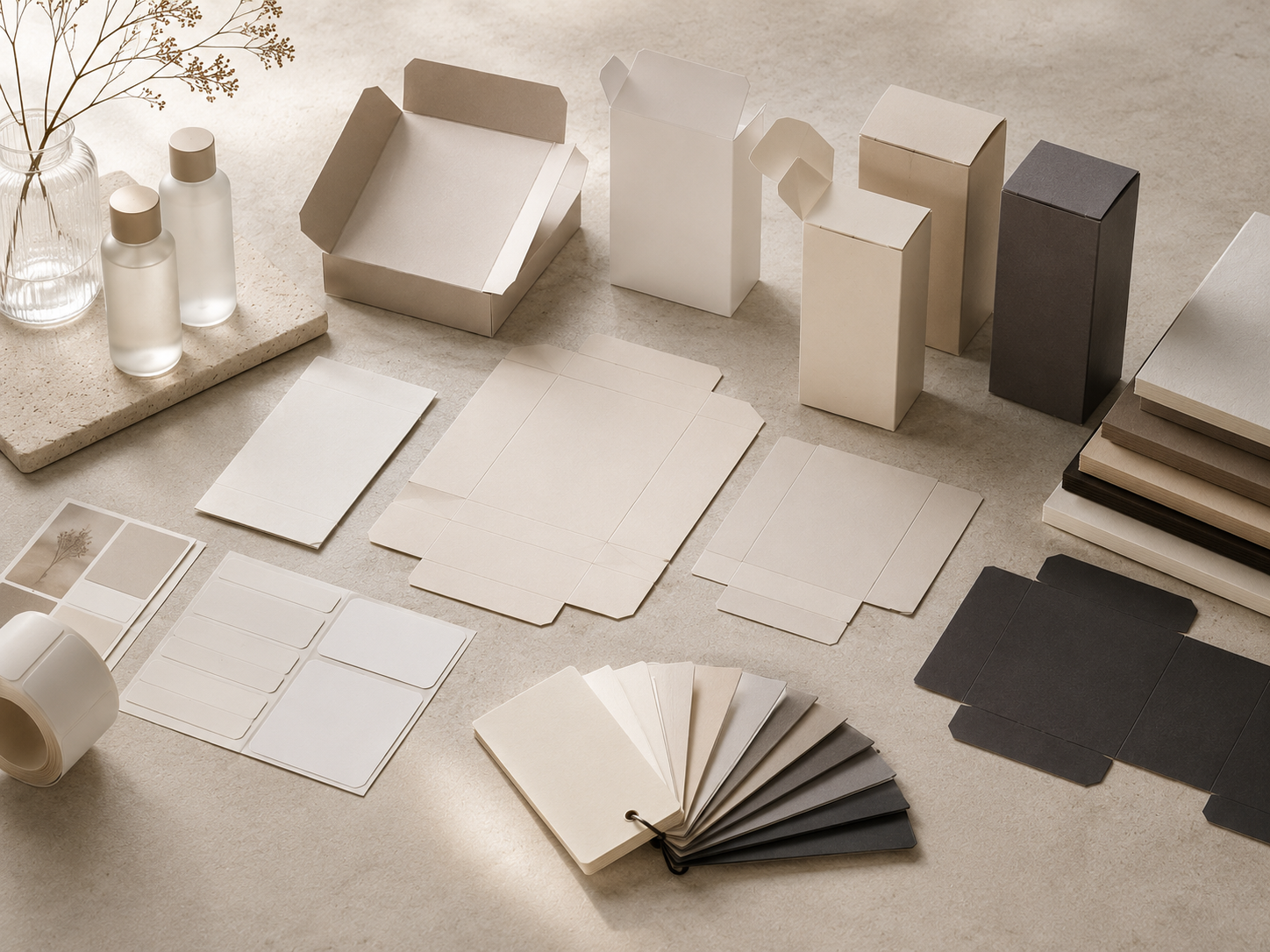 Label materials, carton structures and artwork details prepared for print.