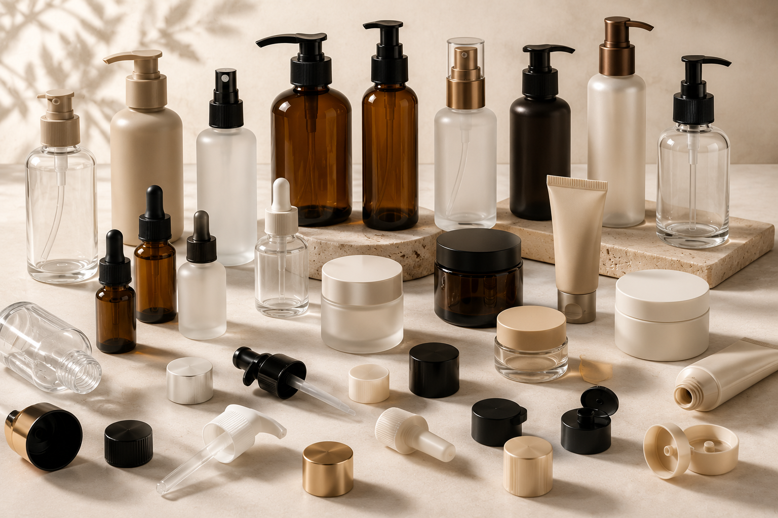 Bottles, pumps, caps, tubes and jars reviewed as a coordinated component system.