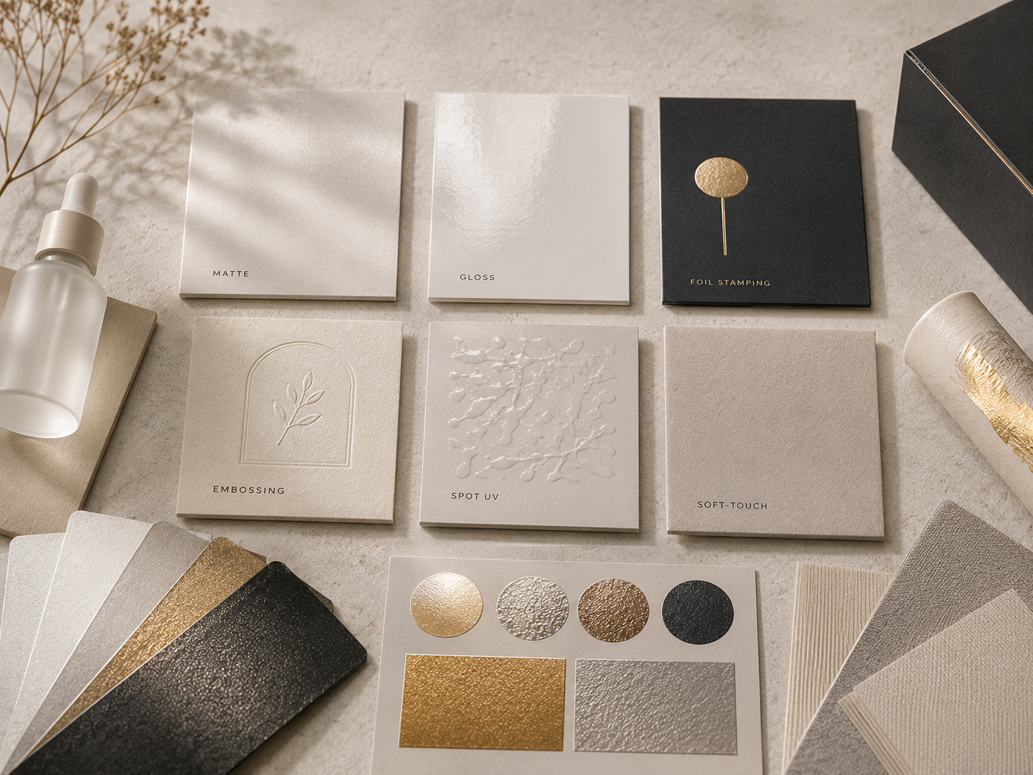 Matte, gloss, foil, embossing and selective finishing details for beauty packaging.